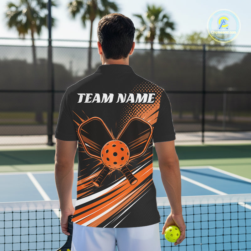 Custom Black And Orange Pickleball Men Polo Shirt, Pickleball Tournament Team Shirt IPHW11893
