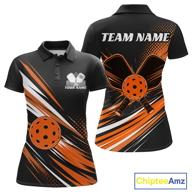 Custom Black And Orange Pickleball Women Polo Shirt, Pickleball Tournament Team Shirt IPHW11893