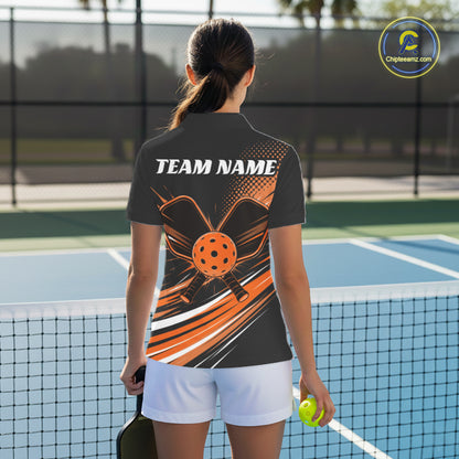 Custom Black And Orange Pickleball Women Polo Shirt, Pickleball Tournament Team Shirt IPHW11893