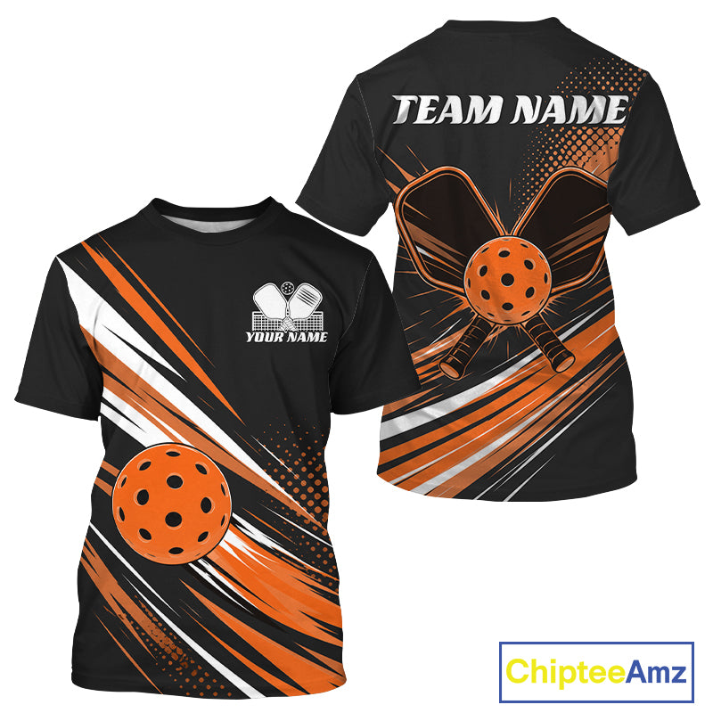 Custom Black And Orange Pickleball Men T-Shirts, Pickleball Tournament Team IPHW11893