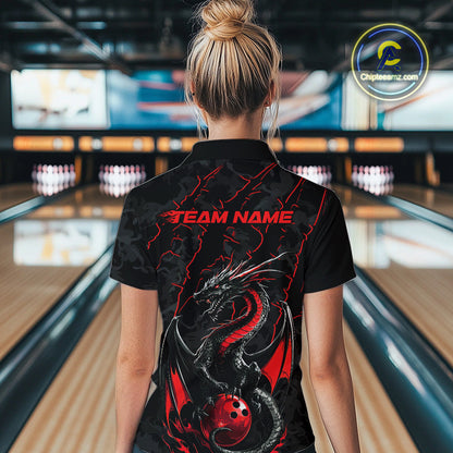 Custom Gray And Red Camo Dragon Claws Bowling Women Polo Shirts, Team Bowling Jerseys IPHW9855