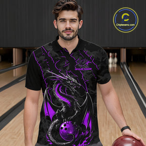 Custom Gray And Purple Camo Dragon Claws Bowling Men Polo Shirts, Team Bowling Jerseys IPHW9856
