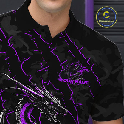 Custom Gray And Purple Camo Dragon Claws Bowling Men Polo Shirts, Team Bowling Jerseys IPHW9856
