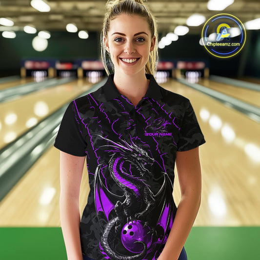 Custom Gray And Purple Camo Dragon Claws Bowling Women Polo Shirts, Team Bowling Jerseys IPHW9856
