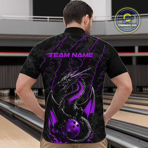 Custom Gray And Purple Camo Dragon Claws Bowling Men Quarter-Zip Shirts, Team Bowling Jerseys IPHW9856