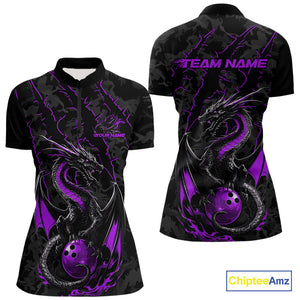 Custom Gray And Purple Camo Dragon Claws Bowling Women Quarter-Zip Shirts, Team Jerseys IPHW9856