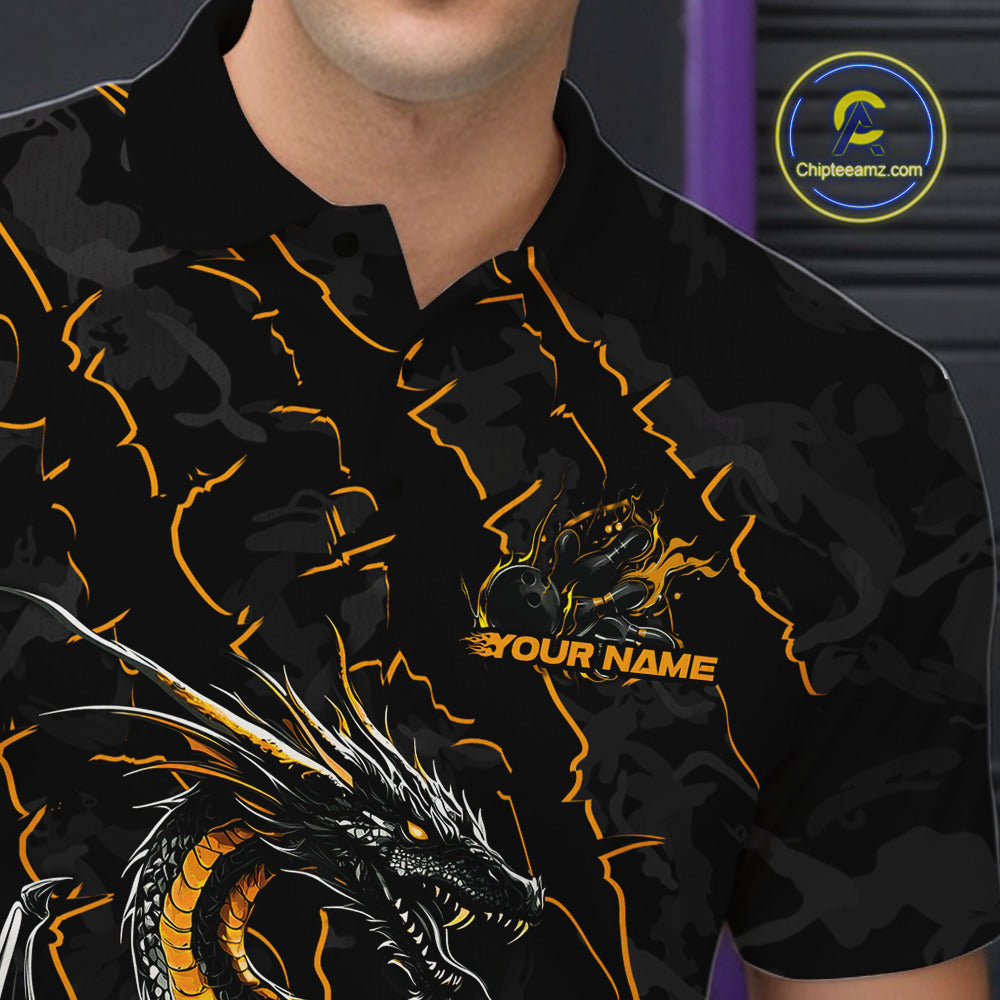 Custom Gray And Yellow Camo Dragon Claws Bowling Men Polo Shirts, Team Bowling Jerseys IPHW9857