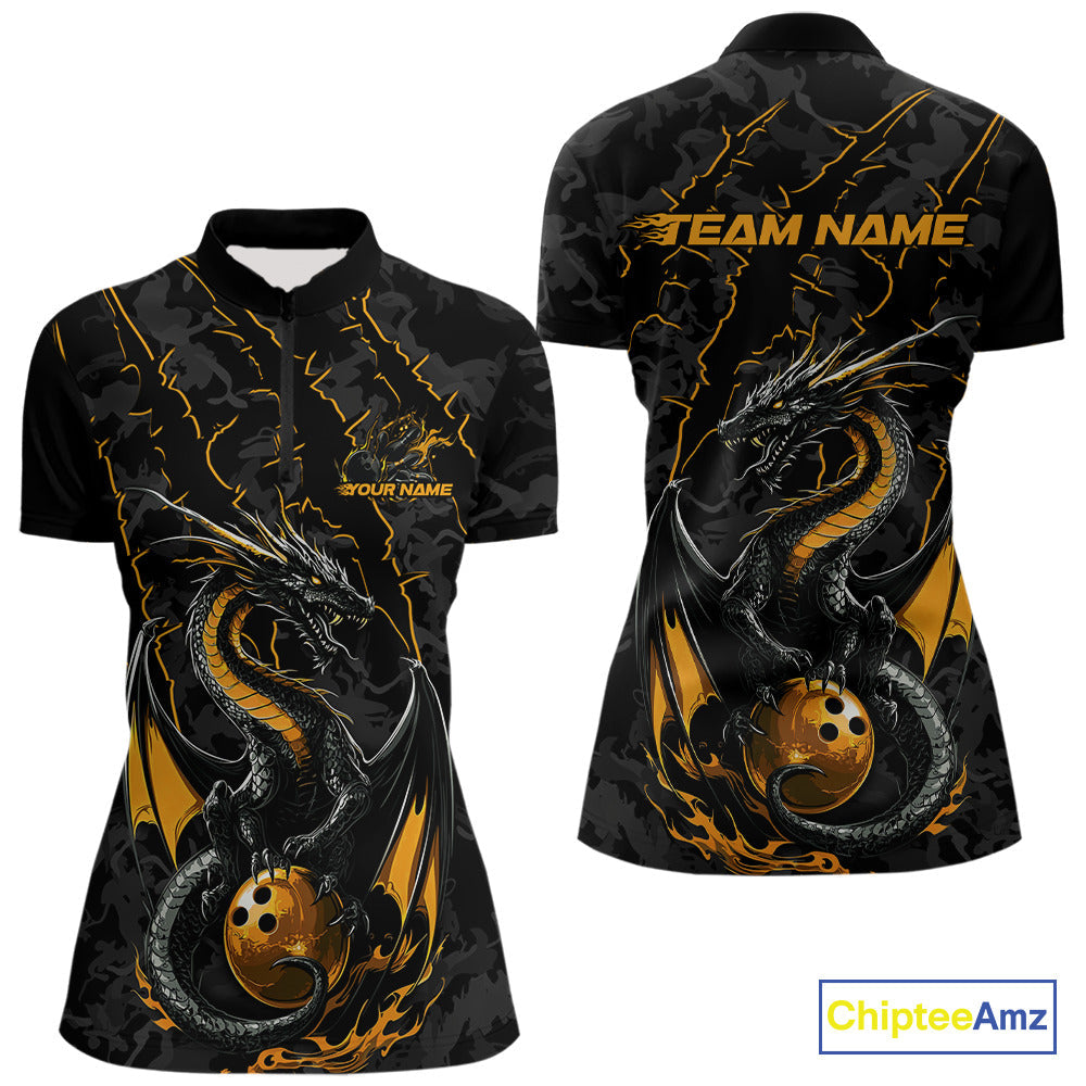 Custom Gray And Yellow Camo Dragon Claws Bowling Women Quarter-Zip Shirts, Team Jerseys IPHW9857