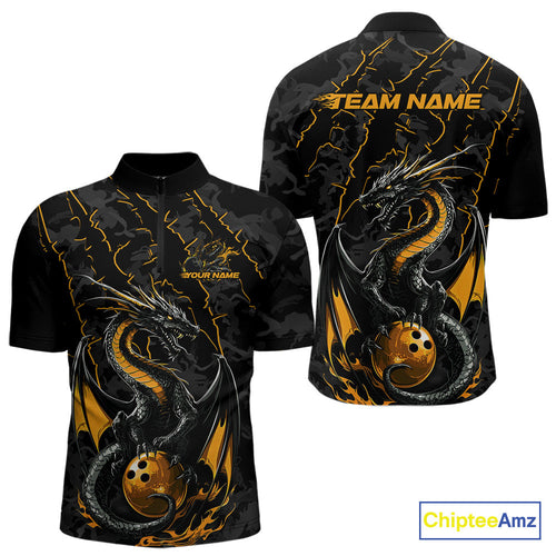 Custom Gray And Yellow Camo Dragon Claws Bowling Men Quarter-Zip Shirts, Team Bowling Jerseys IPHW9857