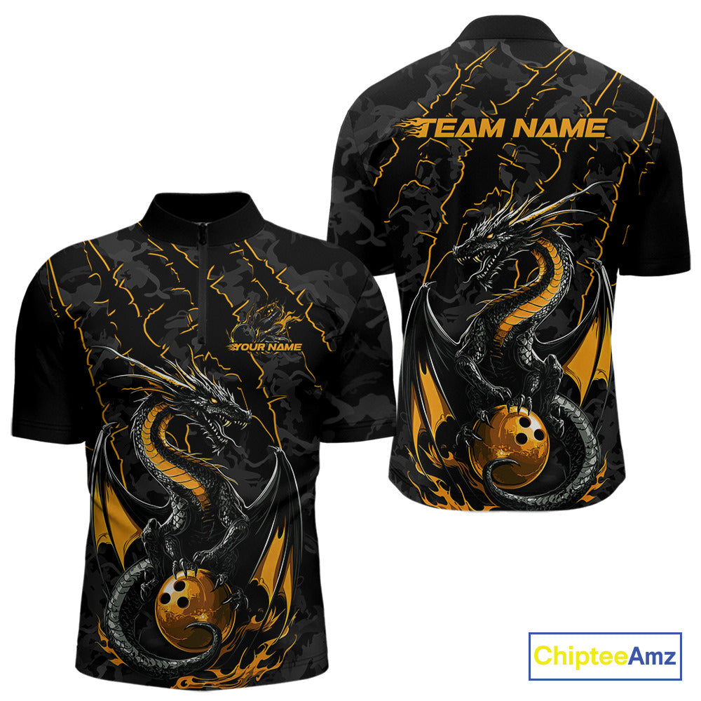 Custom Gray And Yellow Camo Dragon Claws Bowling Men Quarter-Zip Shirts, Team Bowling Jerseys IPHW9857