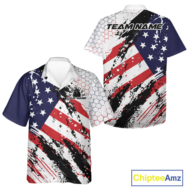 Grunge Style American Flag Custom Patriotic Bowling League Men And Women Button Up Shirt For Team IPHW12211
