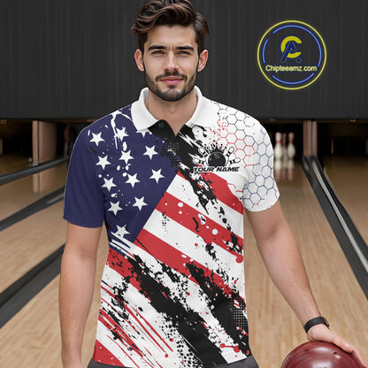 Grunge Style American Flag Custom Patriotic Bowling League Men Polo Shirt For Team IPHW12211