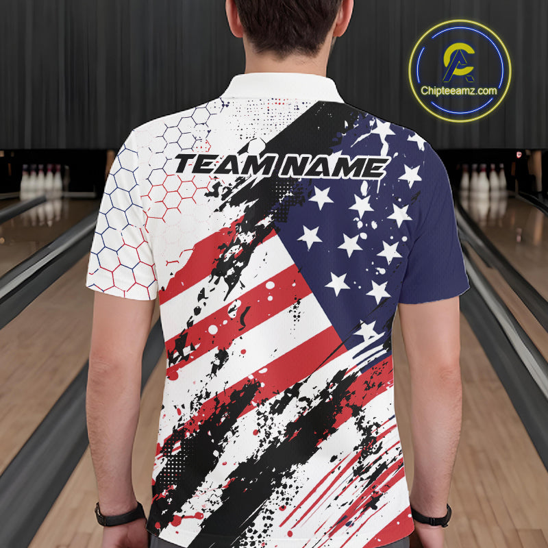 Grunge Style American Flag Custom Patriotic Bowling League Men Polo Shirt For Team IPHW12211