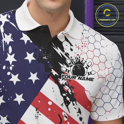 Grunge Style American Flag Custom Patriotic Bowling League Men Polo Shirt For Team IPHW12211