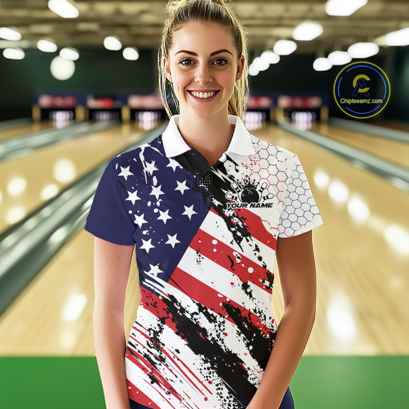 Grunge Style American Flag Custom Patriotic Bowling League Women Polo Shirt For Team IPHW12211