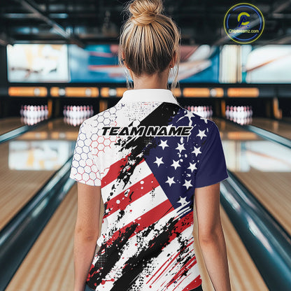 Grunge Style American Flag Custom Patriotic Bowling League Women Polo Shirt For Team IPHW12211
