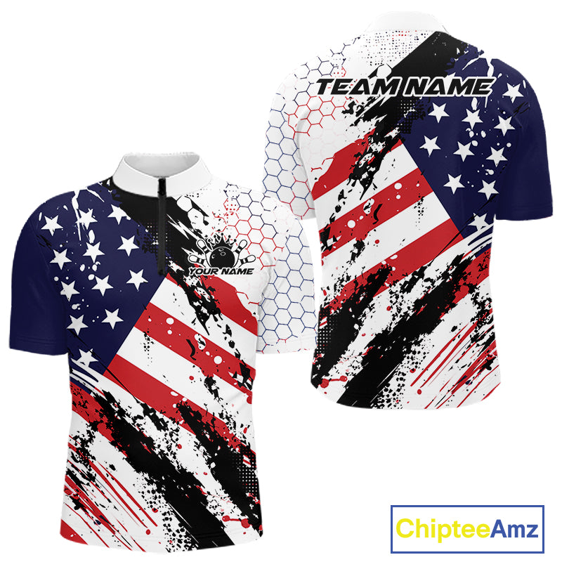 Grunge Style American Flag Custom Patriotic Bowling League Men Quarter Zip Shirt For Team IPHW12211
