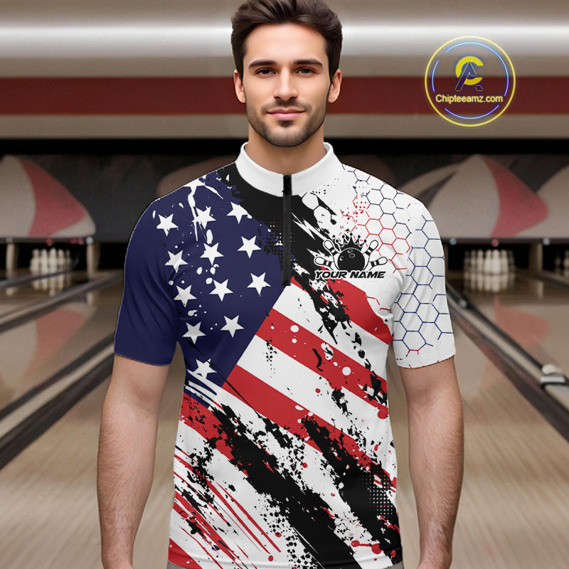 Grunge Style American Flag Custom Patriotic Bowling League Men Quarter Zip Shirt For Team IPHW12211