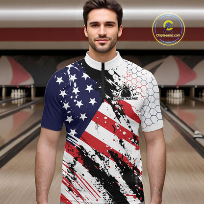 Grunge Style American Flag Custom Patriotic Bowling League Men Quarter Zip Shirt For Team IPHW12211