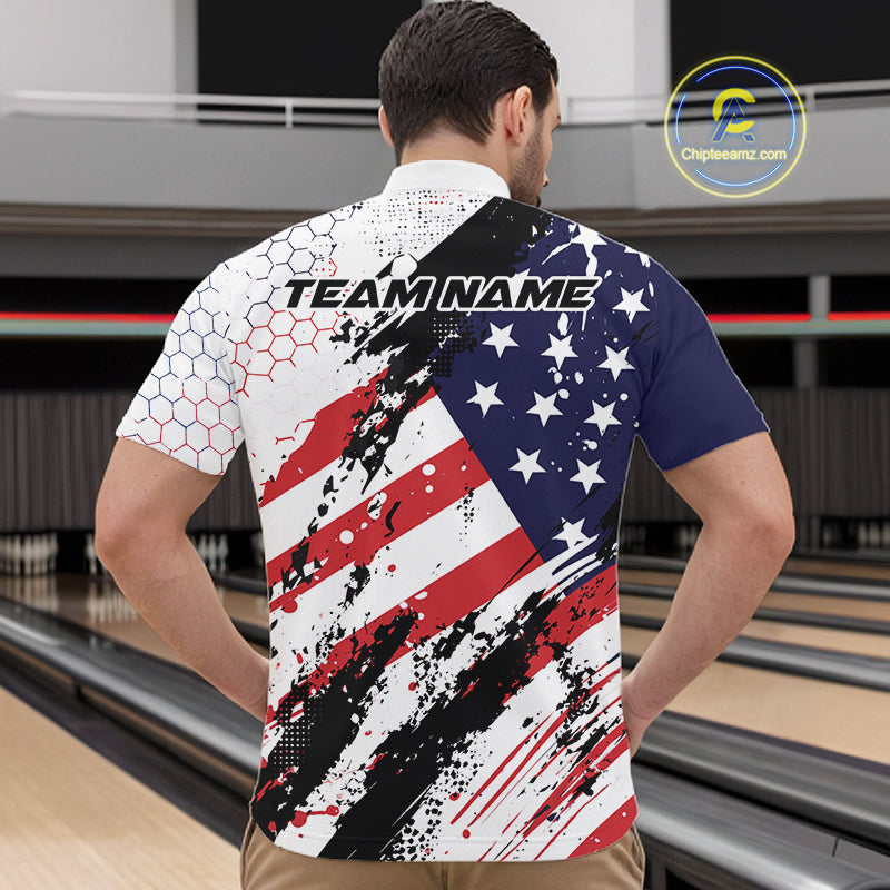 Grunge Style American Flag Custom Patriotic Bowling League Men Quarter Zip Shirt For Team IPHW12211