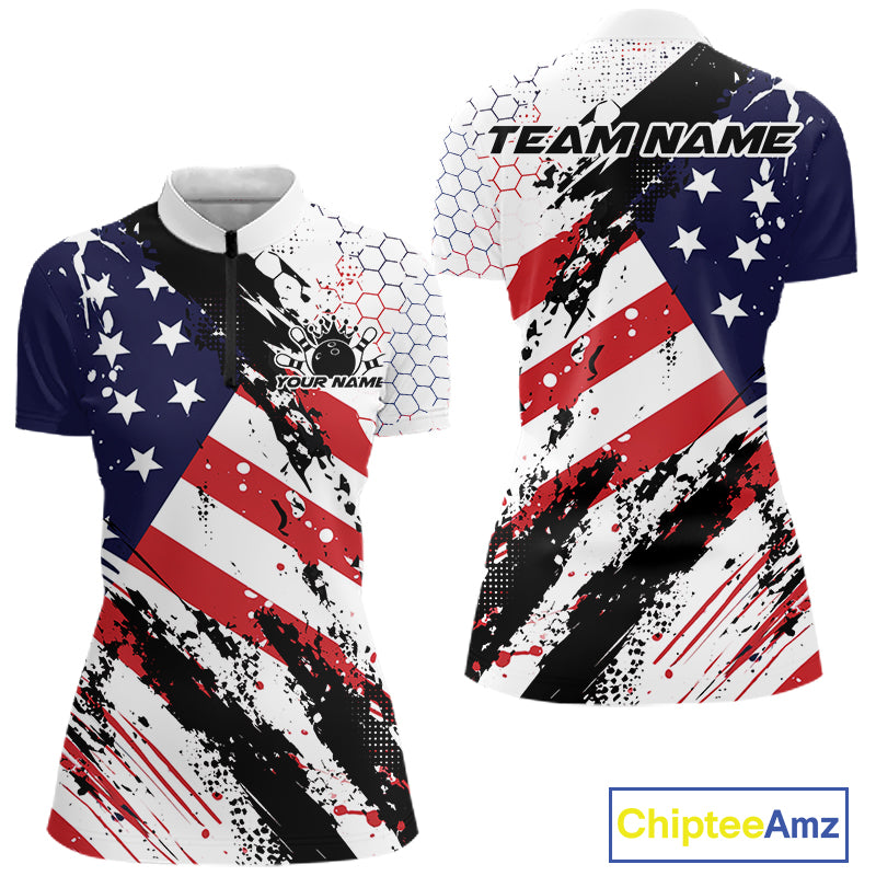 Grunge American Flag Custom Patriotic Bowling League Women Quarter-Zip Shirt For Team IPHW12211