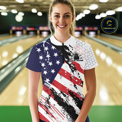 Grunge American Flag Custom Patriotic Bowling League Women Quarter-Zip Shirt For Team IPHW12211