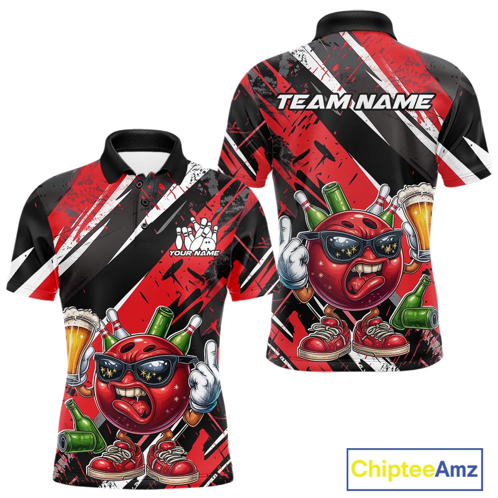 Custom Funny Bowling Ball Drink Beer Bowling Men Polo Shirt, Grunge Red Team Shirt IPHW10117
