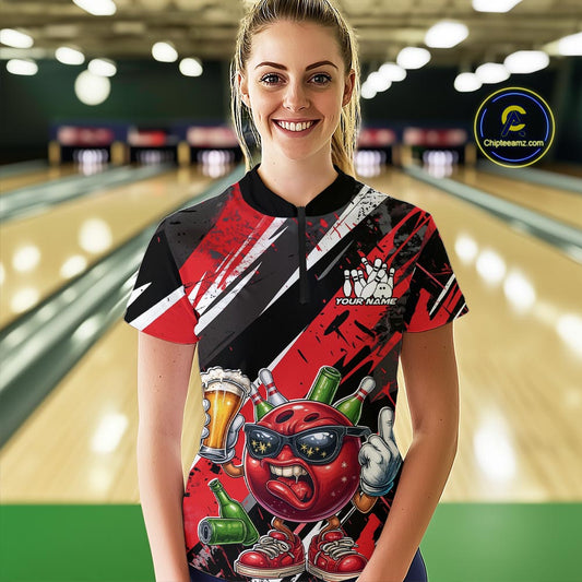 Custom Funny Bowling Ball Drink Beer Bowling Women Quarter-Zip Shirt, Red Team Shirt IPHW10117