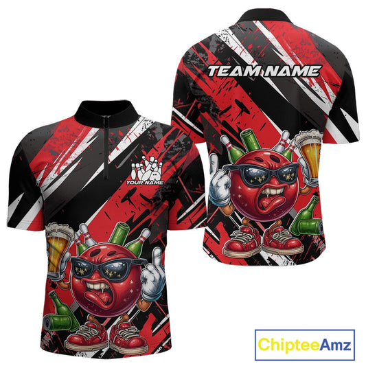 Custom Funny Bowling Ball Drink Beer Bowling Men Quarter-Zip Shirt, Grunge Red Team Shirt IPHW10117