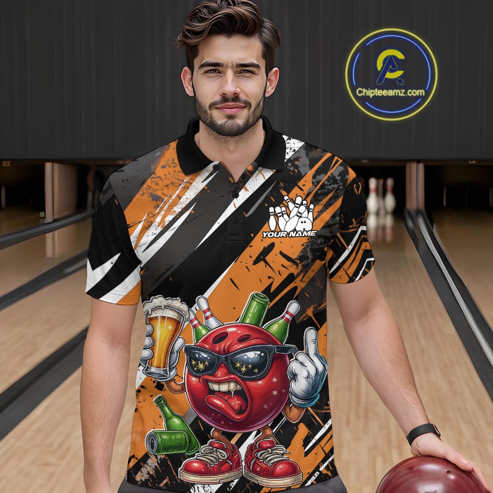 Custom Funny Bowling Ball Drink Beer Bowling Men Polo Shirt, Grunge Orange Team Shirt IPHW10118