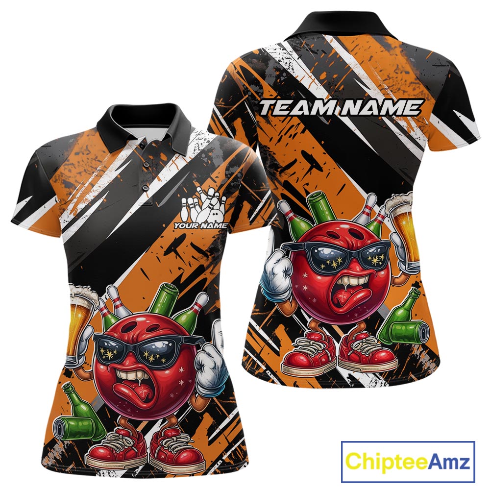 Custom Funny Bowling Ball Drink Beer Bowling Women Polo Shirt, Grunge Orange Team Shirt IPHW10118
