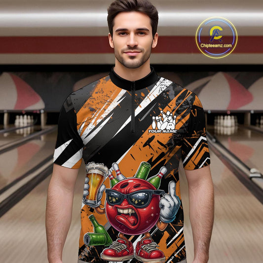 Custom Funny Bowling Ball Drink Beer Bowling Men Quarter-Zip Shirt, Grunge Orange Team Shirt IPHW10118