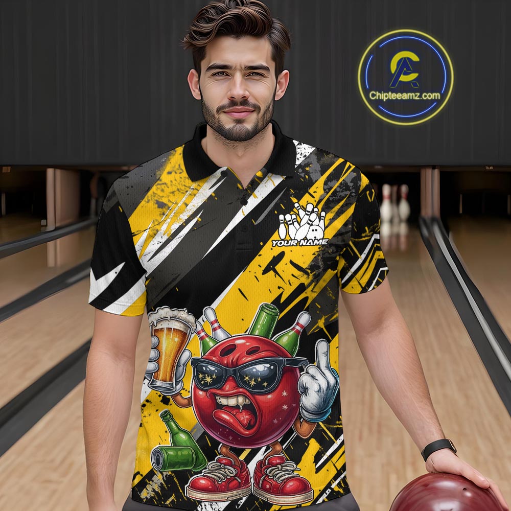 Custom Funny Bowling Ball Drink Beer Bowling Men Polo Shirt, Grunge Yellow Team Shirt IPHW10119