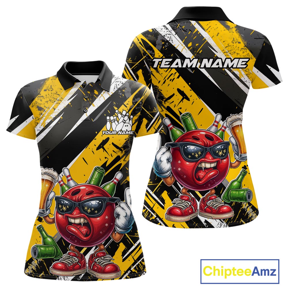 Custom Funny Bowling Ball Drink Beer Bowling Women Polo Shirt, Grunge Yellow Team Shirt IPHW10119