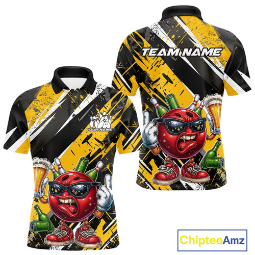Custom Funny Bowling Ball Drink Beer Bowling Men Polo Shirt, Grunge Yellow Team Shirt IPHW10119