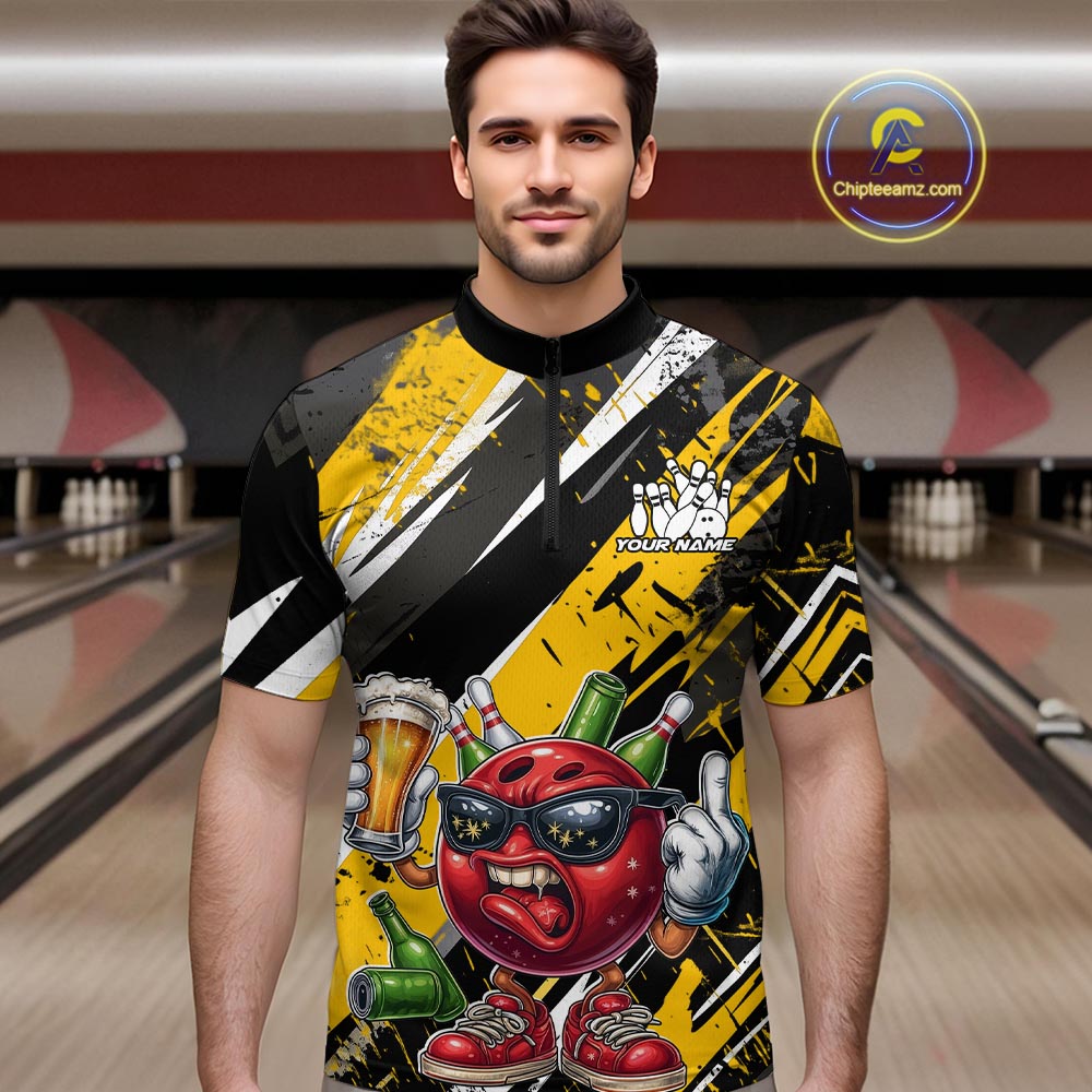 Custom Funny Bowling Ball Drink Beer Bowling Men Quarter-Zip Shirt, Grunge Yellow Team Shirt IPHW10119