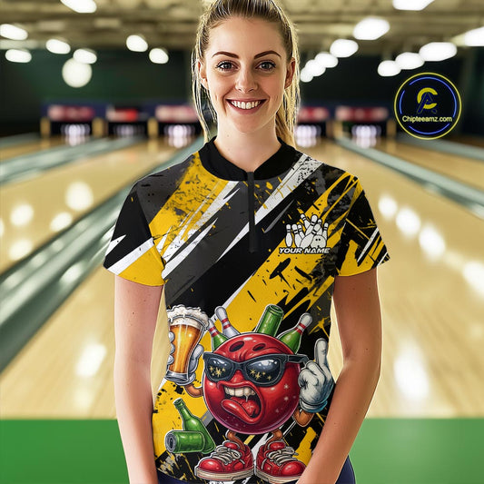 Custom Funny Bowling Ball Drink Beer Bowling Women Quarter-Zip Shirt, Yellow Team Shirt IPHW10119