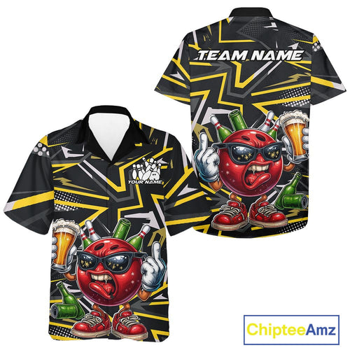 Custom Funny Bowling Ball Drink Beer Bowling Men And Women Hawaiian Shirt, Yellow Bowling Team Shirt IPHW10120