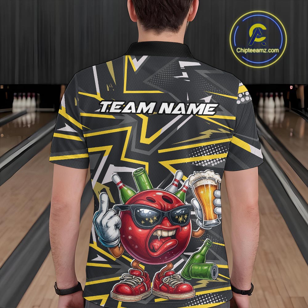 Custom Funny Bowling Ball Drink Beer Bowling Men Polo Shirt, Yellow Bowling Team Shirt IPHW10120