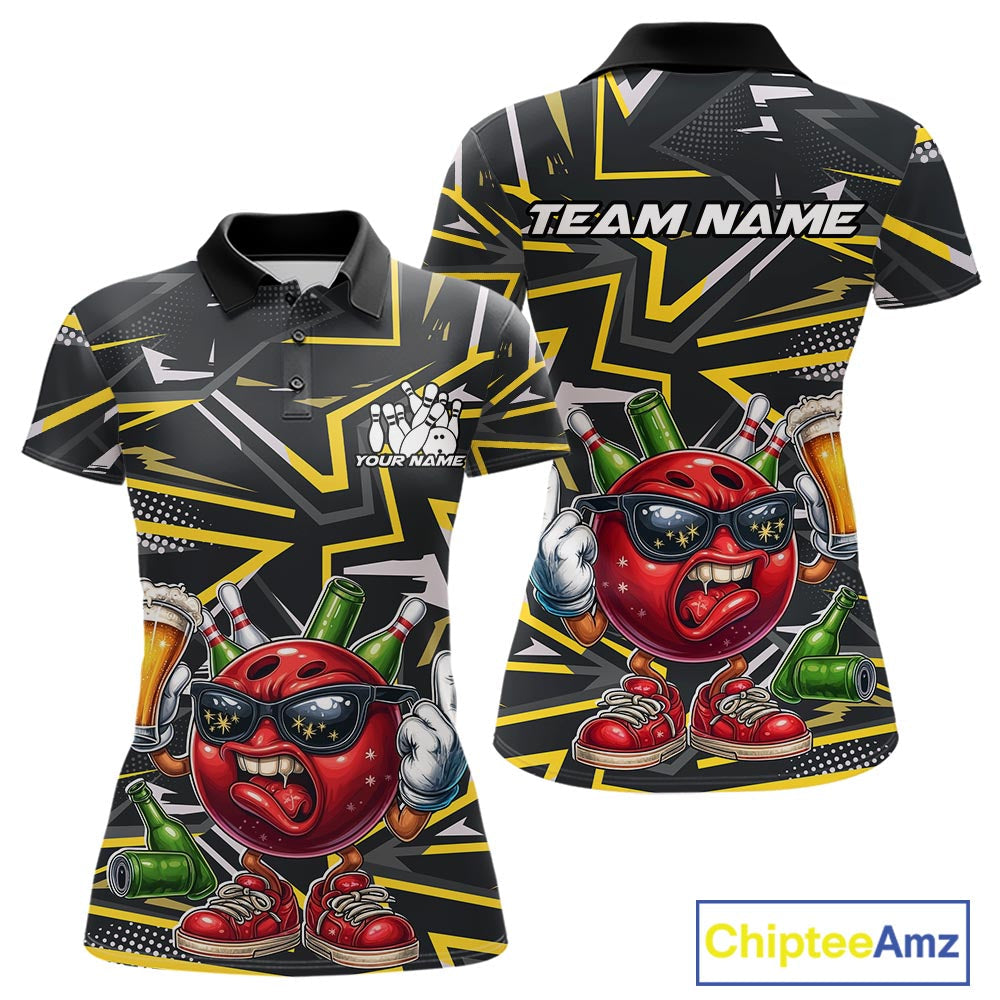 Custom Funny Bowling Ball Drink Beer Bowling Women Polo Shirt, Yellow Bowling Team Shirt IPHW10120