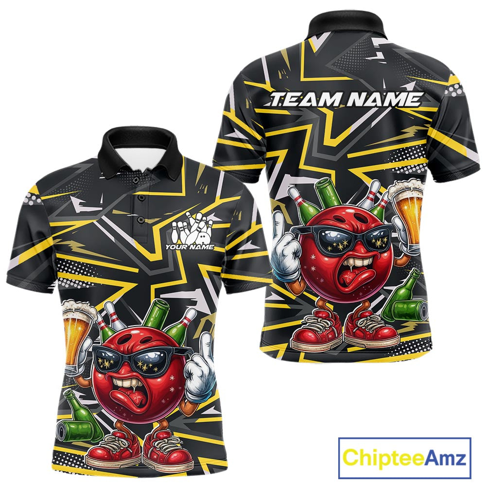 Custom Funny Bowling Ball Drink Beer Bowling Men Polo Shirt, Yellow Bowling Team Shirt IPHW10120