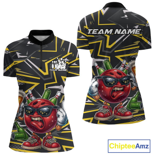 Custom Funny Bowling Ball Drink Beer Bowling Women Quarter-Zip Shirt, Yellow Team Shirt IPHW10120