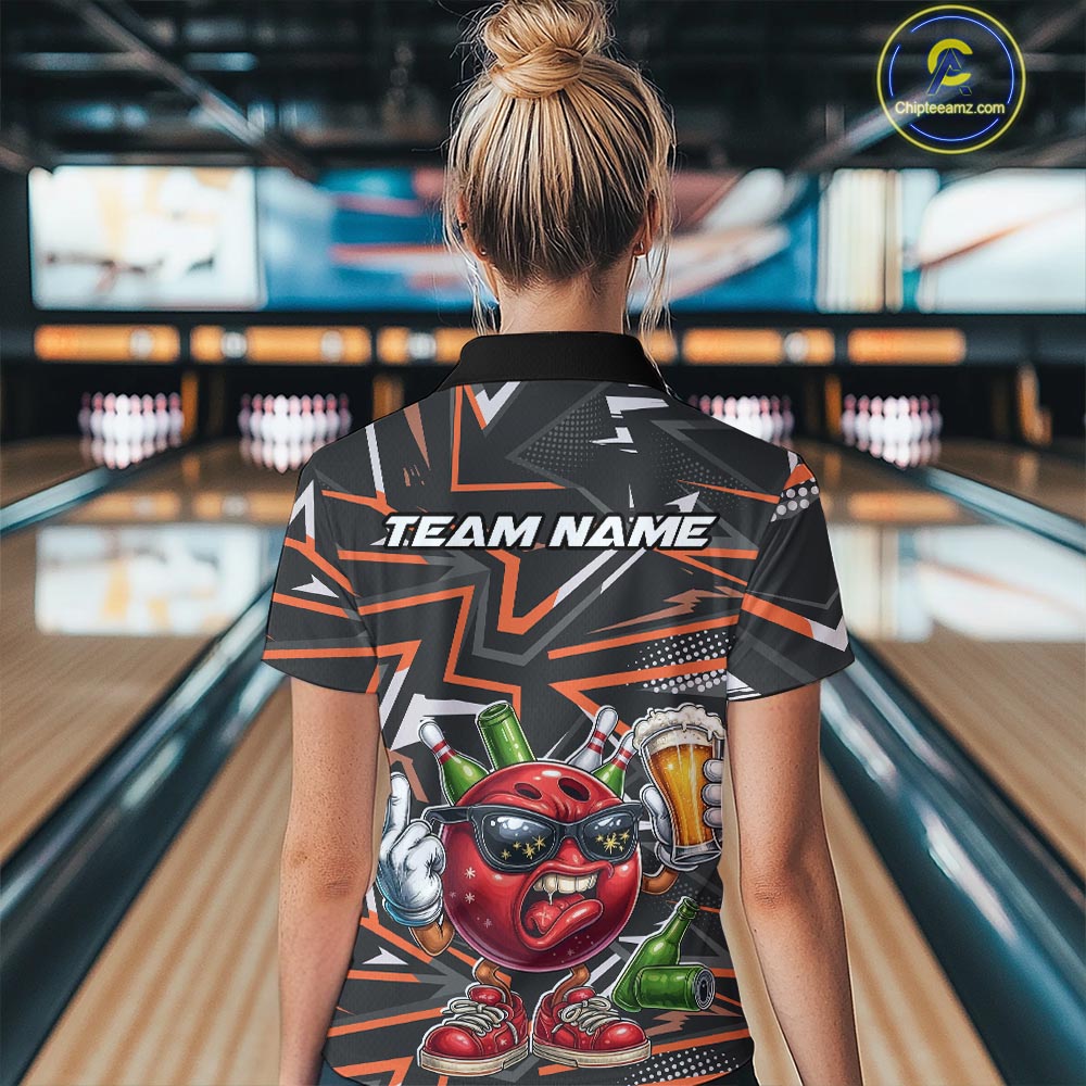 Custom Funny Bowling Ball Drink Beer Bowling Women Polo Shirt, Orange Bowling Team Shirt IPHW10121