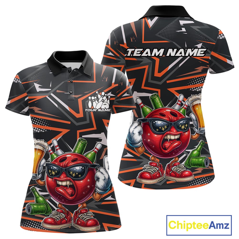 Custom Funny Bowling Ball Drink Beer Bowling Women Polo Shirt, Orange Bowling Team Shirt IPHW10121