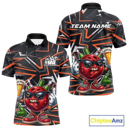 Custom Funny Bowling Ball Drink Beer Bowling Men Polo Shirt, Orange Bowling Team Shirt IPHW10121