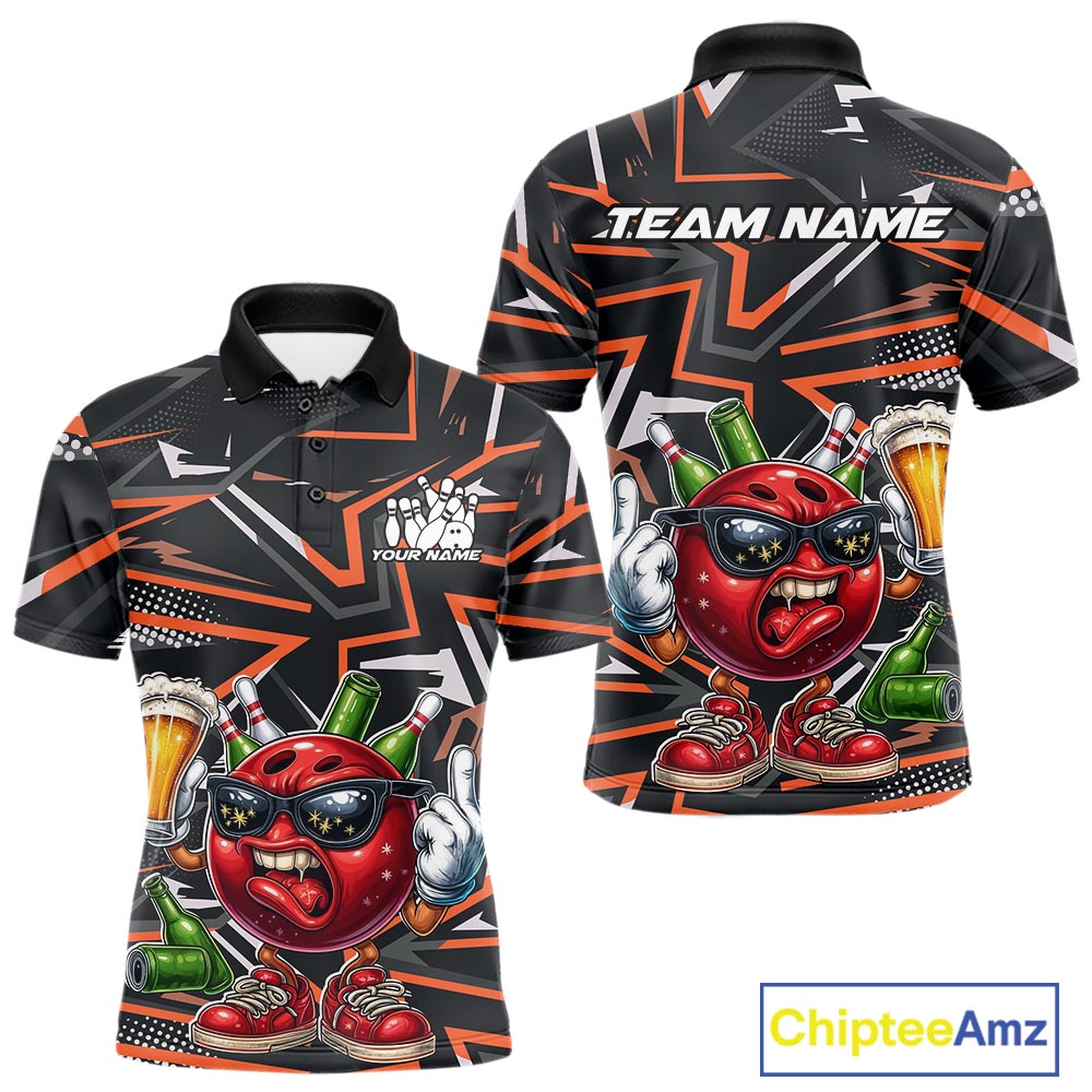 Custom Funny Bowling Ball Drink Beer Bowling Men Polo Shirt, Orange Bowling Team Shirt IPHW10121