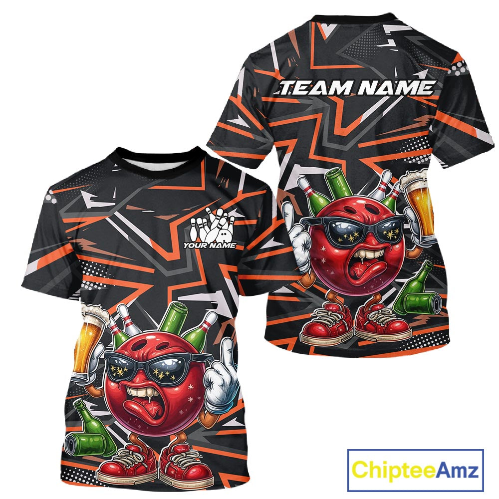 Custom Funny Bowling Ball Drink Beer Bowling Men T-Shirts, Orange Bowling Team IPHW10121