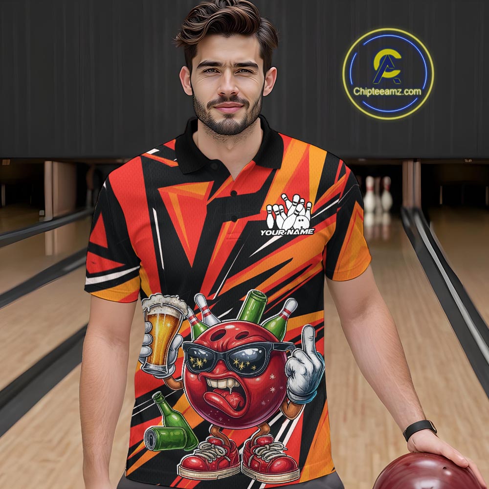 Custom Funny Bowling Ball Drink Beer Bowling Men Polo Shirt, Orange Bowling Team Shirt IPHW10122