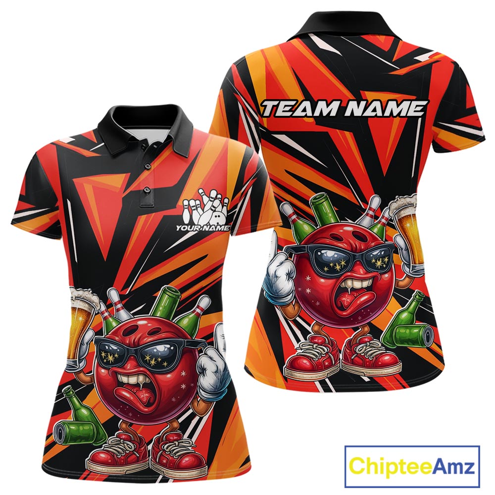 Custom Funny Bowling Ball Drink Beer Bowling Women Polo Shirt, Orange Bowling Team Shirt IPHW10122