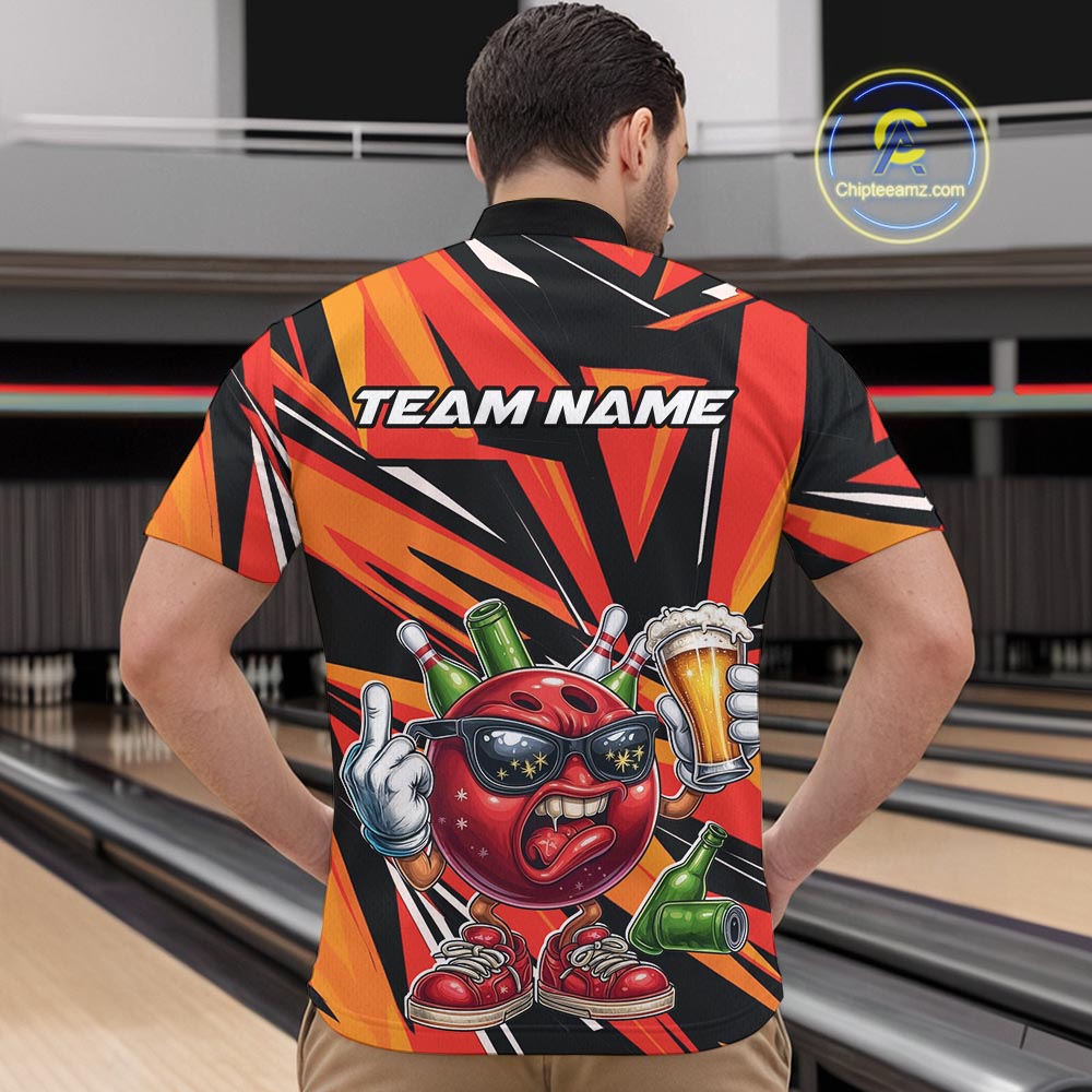 Custom Funny Bowling Ball Drink Beer Bowling Men Quarter-Zip Shirt, Orange Bowling Team Shirt IPHW10122